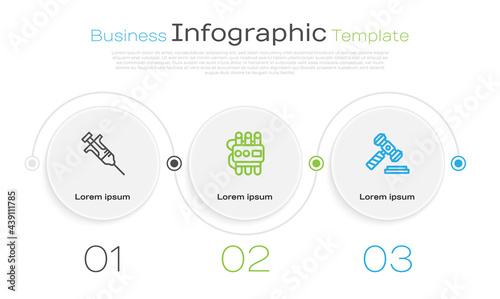 Set line Syringe, Dynamite and timer clock and Judge gavel. Business infographic template. Vector