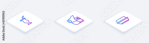 Set Isometric line Milkshake, jug or pitcher and glass and Butter in butter dish. White square button. Vector
