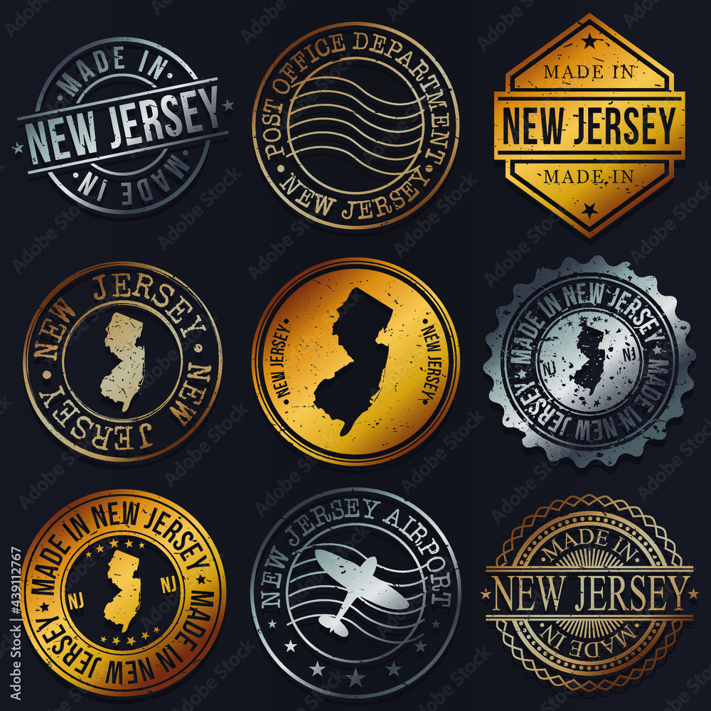New Jersey, USA Business Metal Stamps. Gold Made In Product Seal. National Logo Icon. Symbol Design Insignia Country.