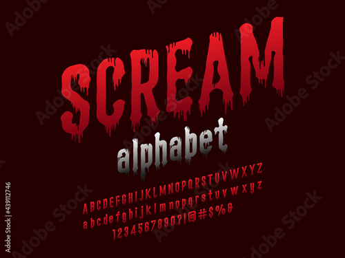 Halloween style alphabet design with uppercase, lowercase, numbers and symbols