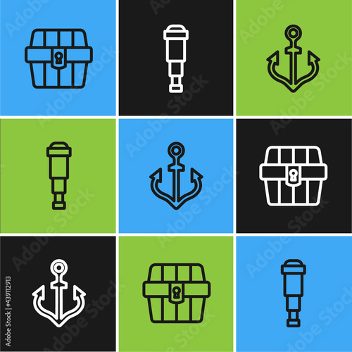 Set line Antique treasure chest, Anchor and Spyglass telescope lens icon. Vector