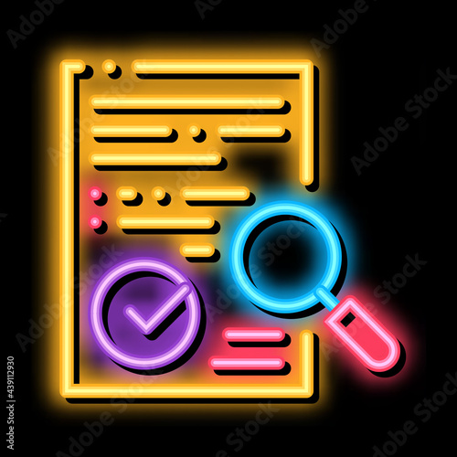 researching and approve license neon light sign vector. Glowing bright icon researching and approve license sign. transparent symbol illustration