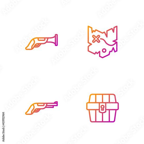 Set line Antique treasure chest, Vintage pistol, and Pirate map. Gradient color icons. Vector