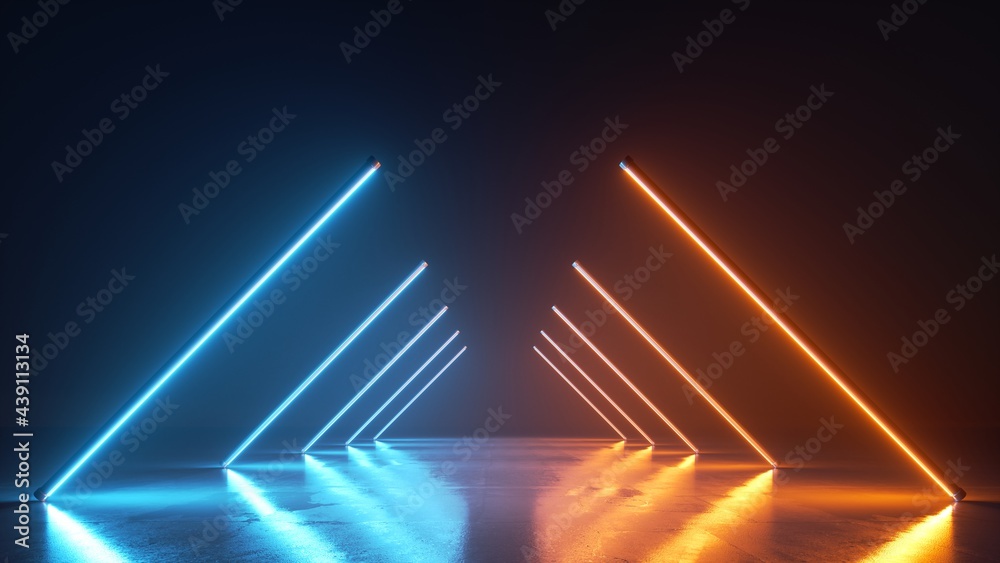 3d render, abstract neon background with diagonal line lamps glowing with  blue and yellow light. Empty studio with perspective view for performance  show ilustración de Stock | Adobe Stock