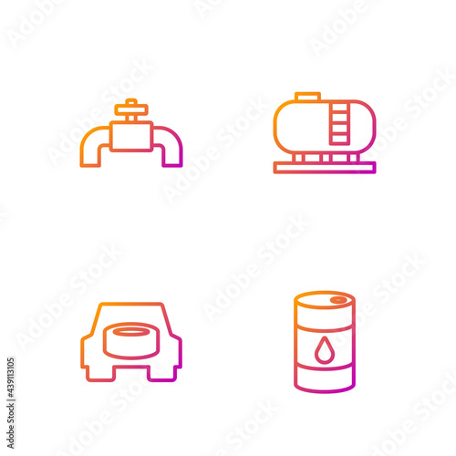 Set line Barrel oil, Spare wheel in the car, Metallic pipes and valve and Oil tank storage. Gradient color icons. Vector