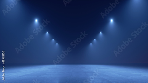 Fototapeta Naklejka Na Ścianę i Meble -  3d render. Abstract modern minimal blue background illuminated with spotlights. Showcase scene for product presentation, empty stage for performance
