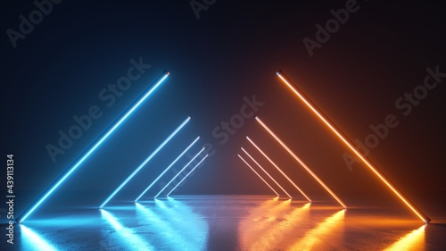 3d render  abstract neon background with diagonal line lamps glowing with blue and yellow light. Empty studio with perspective view for performance show