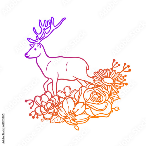 Deer Rose Flower with Vintage Animal Design. Wildlife Floral frame ornament vector style. Decoration Design Wreath illustration.