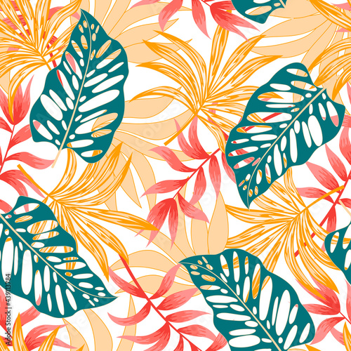 Exotic seamless tropical pattern with colorful plants and leaves on a white b...