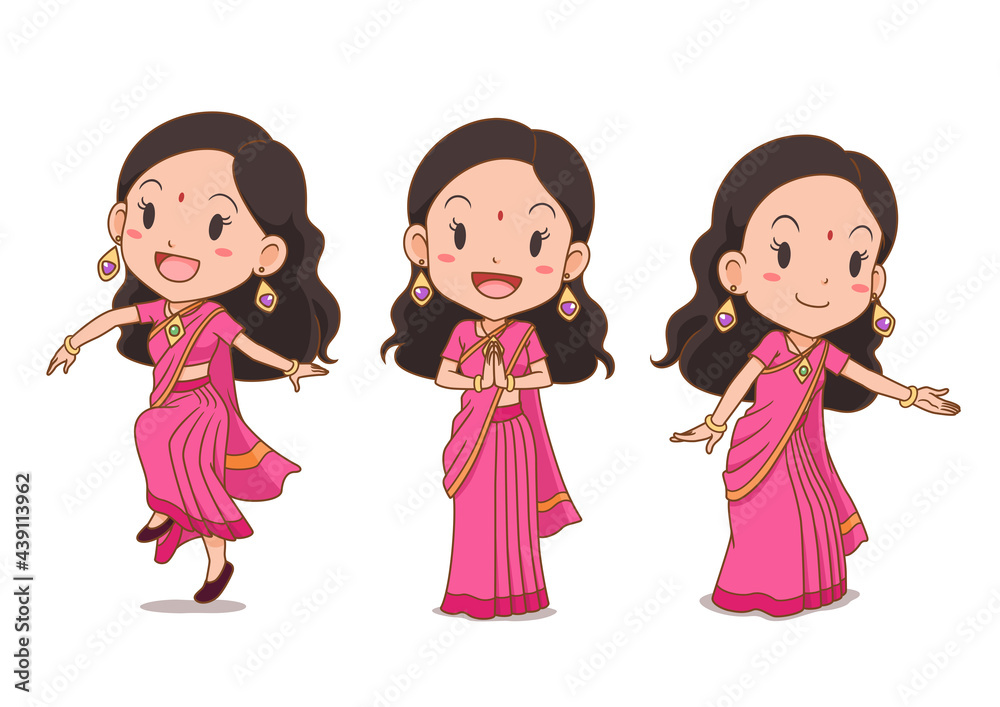 Set of cartoon Indian girl in traditional costume Set of cartoon Indian girl in traditional costume