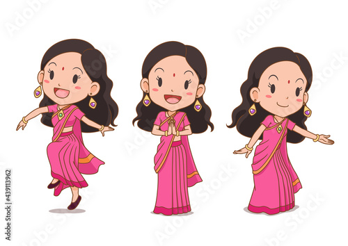 Set of cartoon Indian girl in traditional costume
