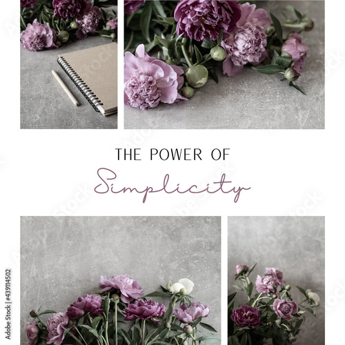 Bouquet of pink peony and notepad with pen. Light Simple Carousel Moodboard Instagram Post. 