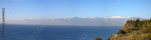 Fototapeta Naklejka Na Ścianę i Meble -  Panoramic view of resort city Antalya and Mediterranean sea coast, Antalya, Turkey - travel background