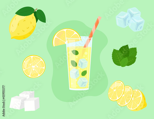 Lemonade in glass isolated. Lemon slices in cut. Ingredients of fresh summer drink. Vector illustration