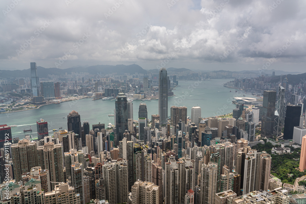 Hong Kong financial district skyline in a beautiful day from Victoria peak