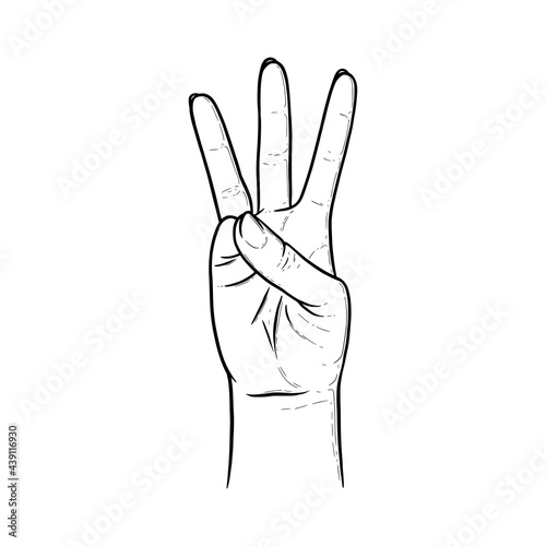 Three raised fingers. Fingers showing number three to express the quantity. Sketch vector illustration isolated in white background