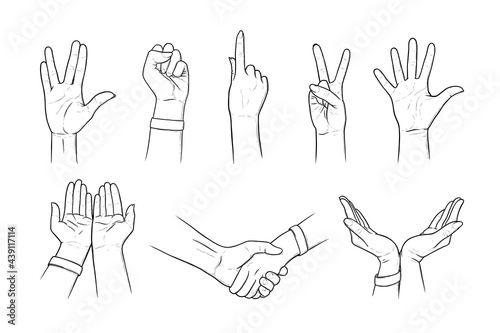 Hand gestures of peace, Vulcan greeting and salute. Handshakes, gestures asking for help and care in sketch style. Black vector illustration isolated in white background