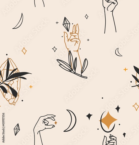 Hand drawn vector abstract stock flat graphic illustration with logo element,bohemian magic line art seamless pattern of human hands,crescent,crystals and moon in simple style,feminine astrology