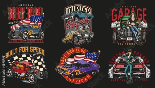 Colorful vintage custom cars labels