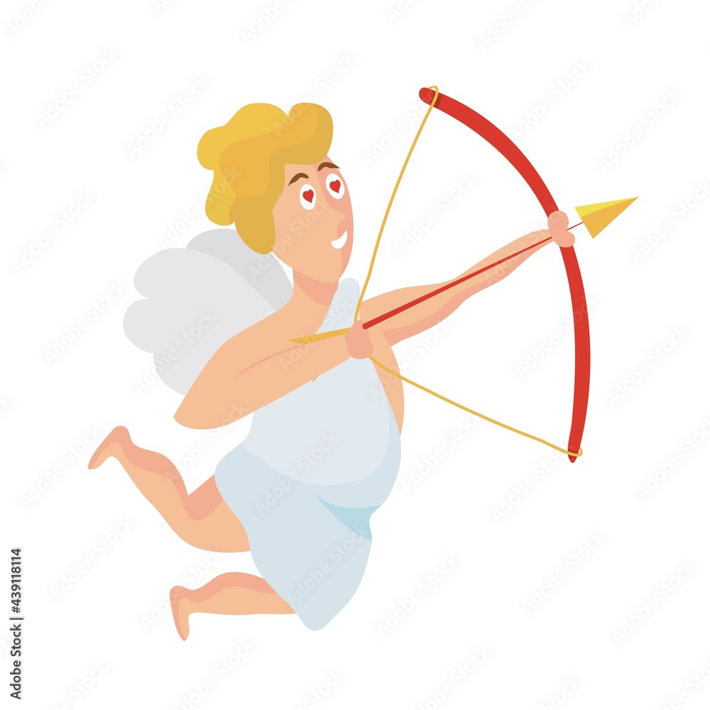 ncient Greek god of love. Amur. The mythological deities of Olympia. Vector illustration of the character of Ancient Greece. Isolated cupid on a white background. Arrows and bow. Love.