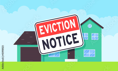 House eviction notice legal document icon sign sticker on the house building vector illustration flat style design. Notice to vacate form eviction credit debt real estate business concept.