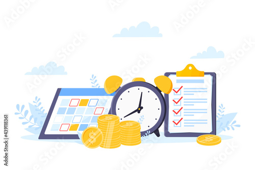 Time is money or saving money business concept. Giant clock, calendar schedule and checklist symbol. Time management flat style vector illustration isolated on white background.