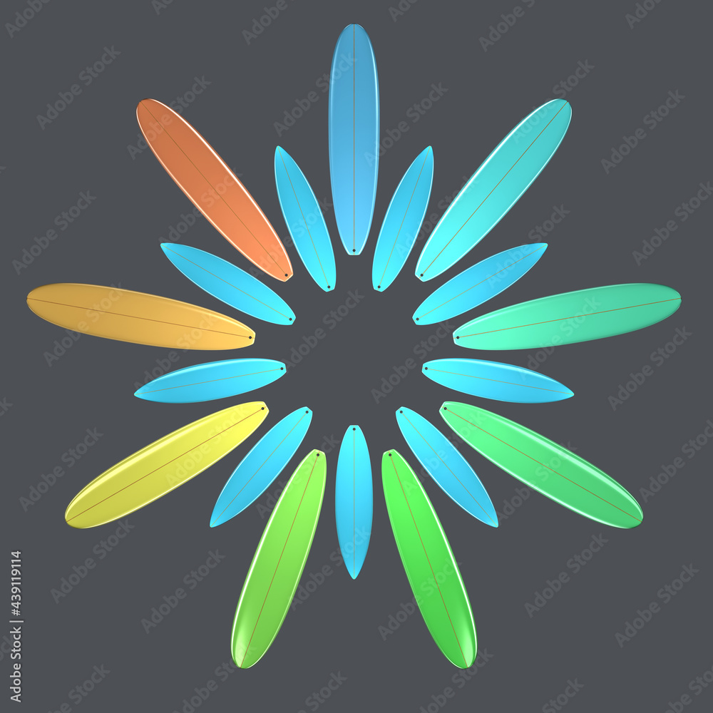 Different surfboards in a flower shaped composition in different colors - 3d illustration Different surfboards in a flower shaped composition in different colors - 3d illustration