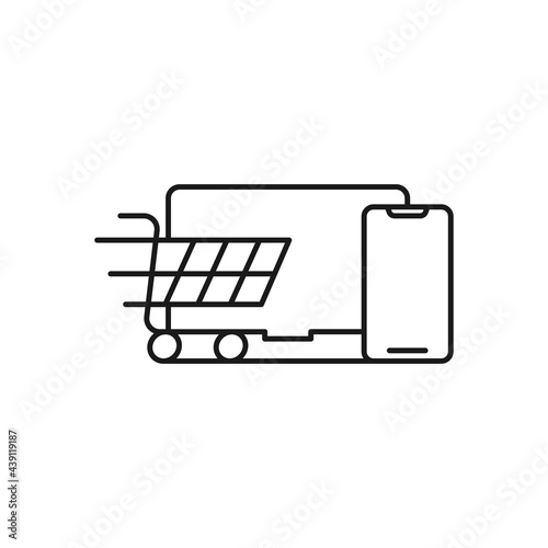 Shopping Cart with Laptop icon Vector Design. Shopping Cart icon with Laptop design concept for e-commerce, online store and marketplace website, mobile, logo, symbol, button, sign, app UI