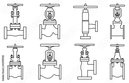 Various types of industrial valves. Flat icons. Thin line vector