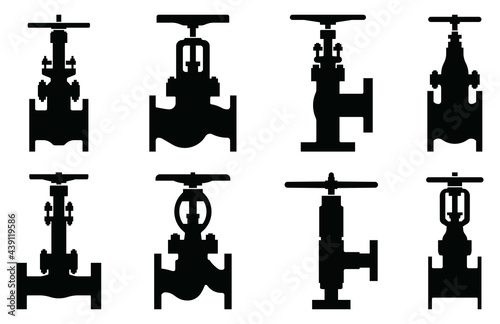 Various types of industrial valves. Flat icons. Silhouette vector