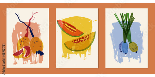 Vintage illustrations of vegetables. Set of three posters for menu design, restaurant decor, grocery stores, social media. Minimalistic backgrounds with blots of paint, radish, pumpkin, onion.