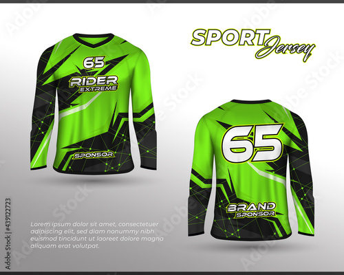 Long sleeve sports racing suit. Front back t-shirt design. Templates for team uniforms. Sports design for football, racing, cycling, gaming jersey. Vector.