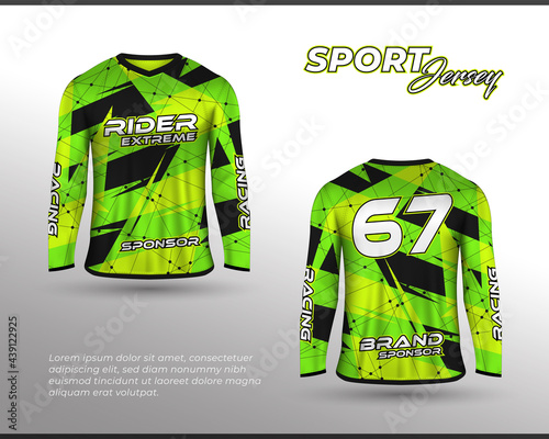 Long sleeve sports racing suit. Front back t-shirt design. Templates for team uniforms. Sports design for football, racing, cycling, gaming jersey. Vector.