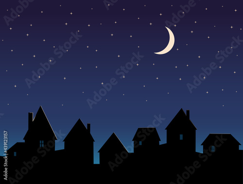 Silhouette City Night Sky Stars and Moon