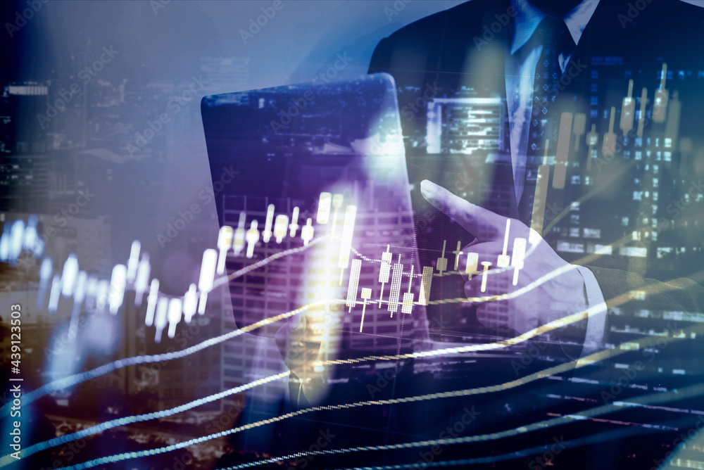 Fototapeta premium Candlestick chart in financial stock market on digital number background. Forex trading graphic design and Stock market trading trend as concept. 
