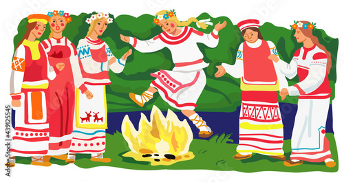 Summer solstice day. Ivan Kupala Day vector. Russian girls in traditional Russian outfits jump over a bonfire.