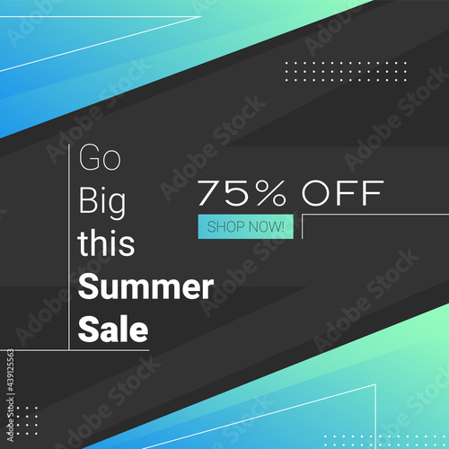 trendy memphis design square banner 75 percent off discount. go big this summer sale lettering for social media post, online stores, web internet ads. cyan gradient promotional business illustration