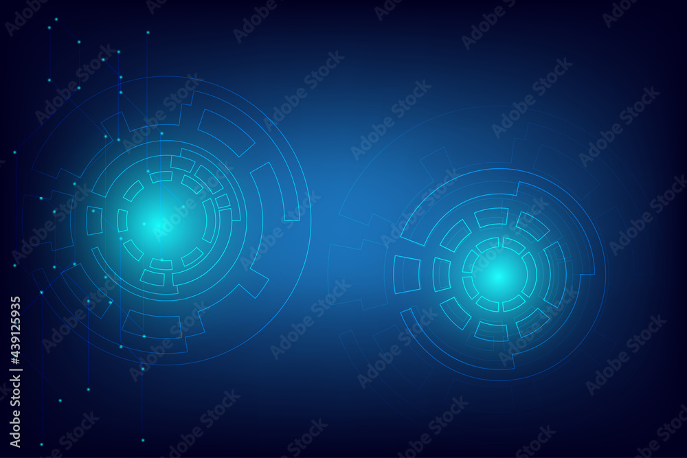 Fototapeta premium Redial circle with line and dot connection and shiny ligh in blue space. Abstract technology and science background with blank space for presentation.
