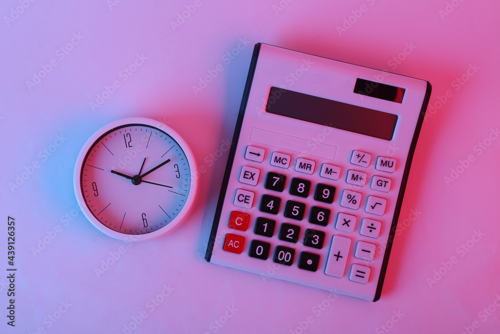 Calculator and clock in pink blue gradient neon light Calculator and clock in pink blue gradient neon light