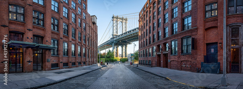 Manhattan Bridge seen from Washington Street at Dumbo district in Brooklyn, New York City, USA