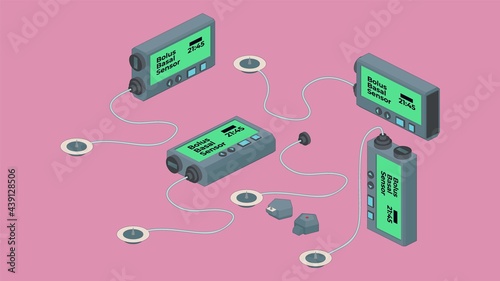 Isometric vector illustration of insulin pump, glucose sensor and catheter.