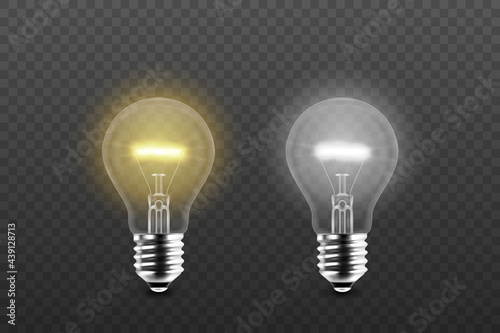 Vector 3d Realistic Yellow and White Glowing, Turned Off Electric Light Bulb Icon Set Isolated on Transparent Background. Design Template. Inspiration, Idea concept. Front View