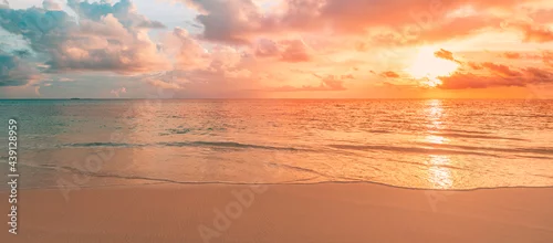 Panel kuchenny z motywem Closeup sea sand beach. Panoramic beach landscape. Inspire tropical beach seascape horizon. Orange and golden sunset sky calmness tranquil relaxing sunlight summer mood. Vacation travel holiday banner