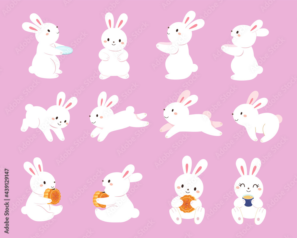 Naklejka premium Various movements of the rabbit, including eating moon cakes and drinking tea