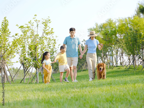 Happy family of four walking dogs in the park