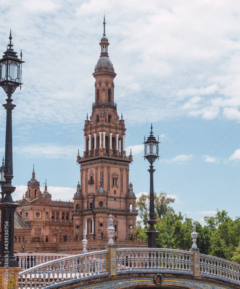 View of the south tower of the plaza españa in Seville, a construction made with exposed brick and ceramic