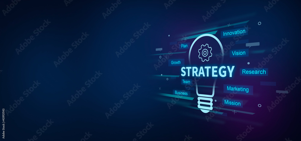 Strategy text on digital blue background. with bulb and gear icon. Strategy concept. Strategy text on digital blue background. with bulb and gear icon. Strategy concept.
