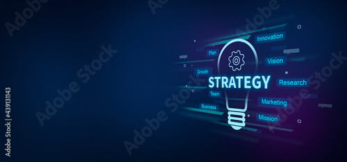 Strategy text on digital blue background. with bulb and gear icon. Strategy concept.