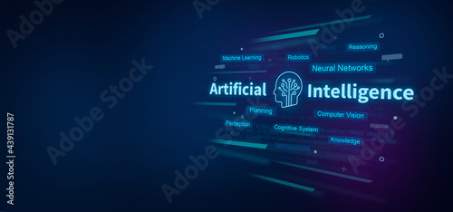 Artificial Intelligence AI on digital blue background. Artificial Intelligence concept.