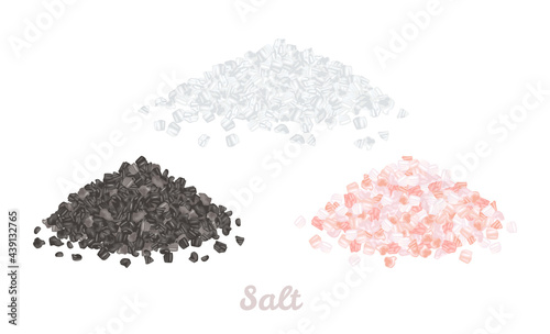 Different types of salt set. Heaps of white, pink and black salt isolated on white background. Vector illustration in cartoon flat style.